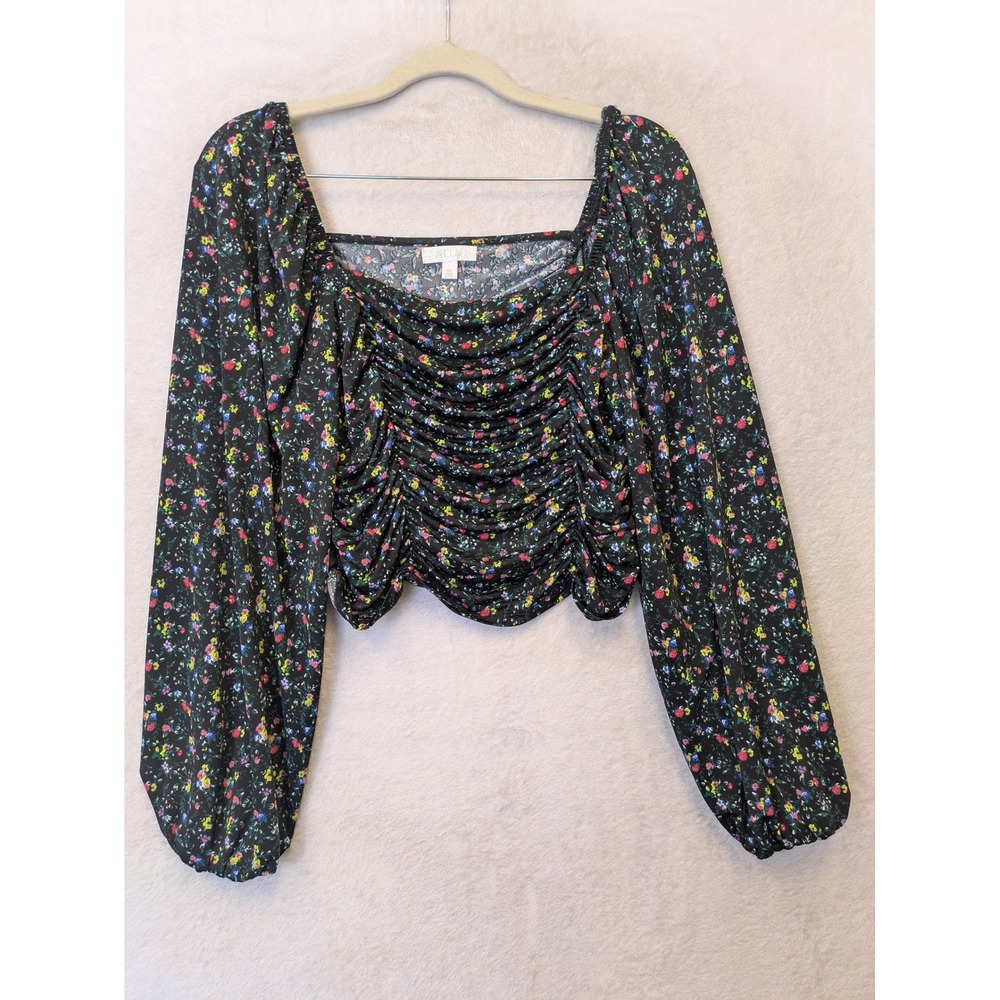 Abound Women's Size L Black Floral Ruched Front Long Sleeve Crop Top Square Neck